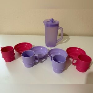 Tupperware Kids Mini Tea Party Set Classic Pitcher, Mugs & Bowls Pink Purple .